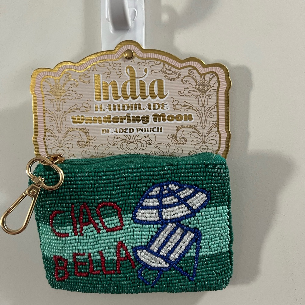 Green Beaded Pouch with Ciao Bella Design